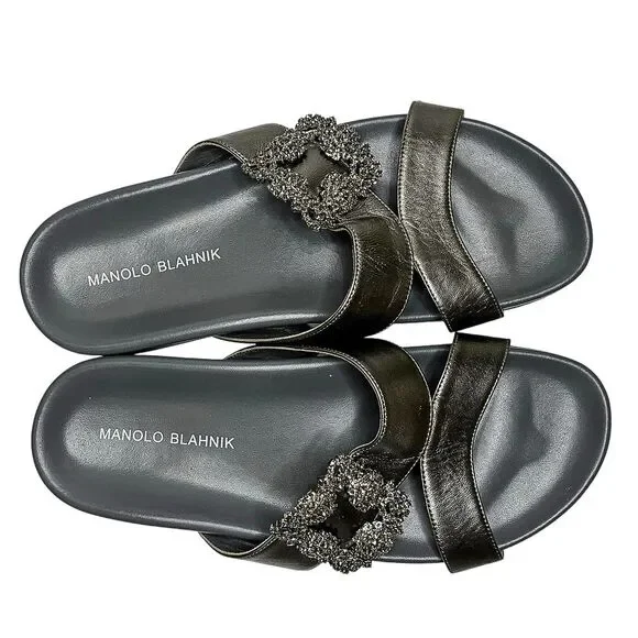 Manolo Blahnik Chilanghi Satin Jewel Buckle Flat Mules Silver EU 39 Slip On